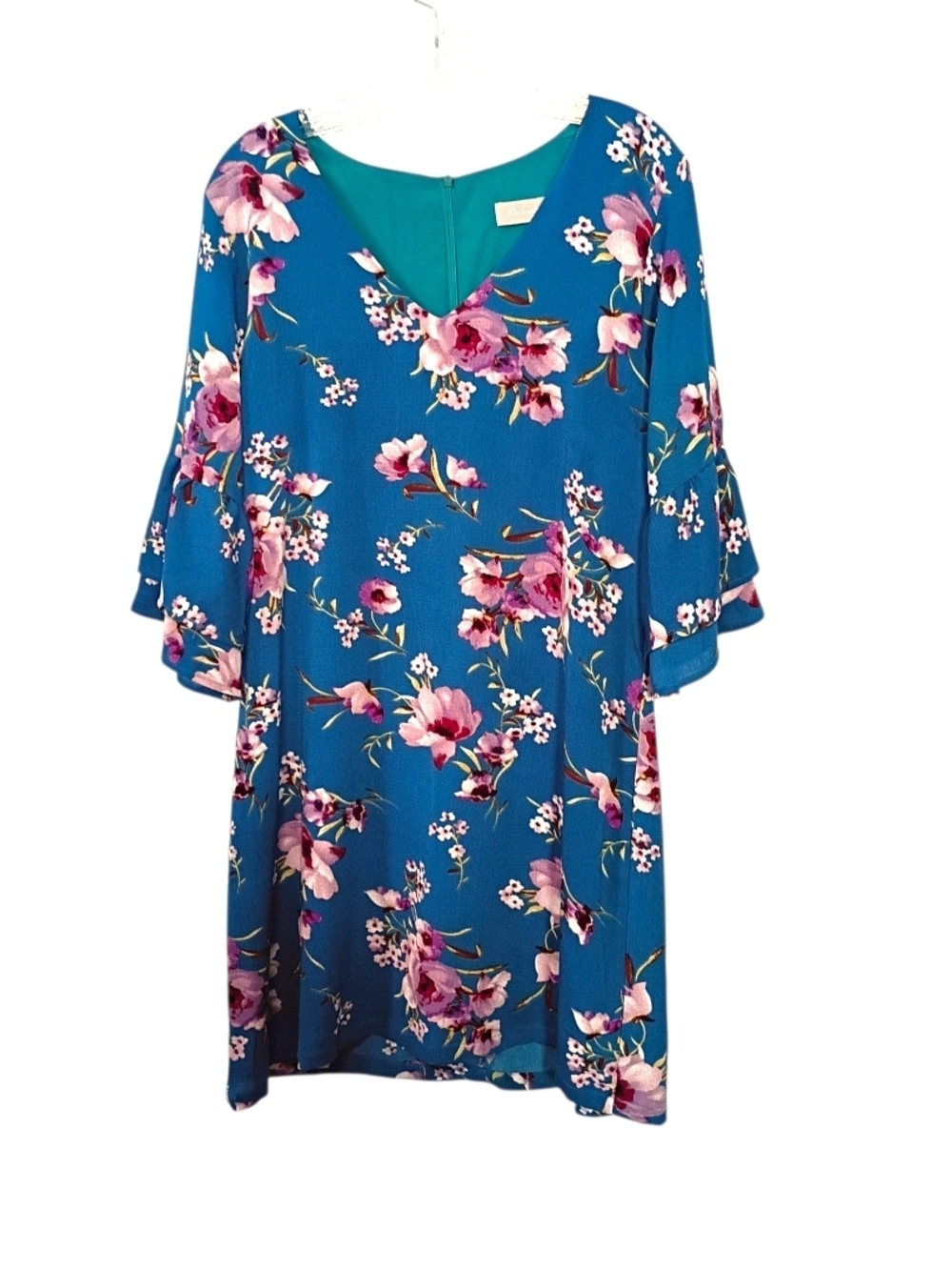 Belengsei -Floral Teal Shift Dress with Flutter Sleeves - Large